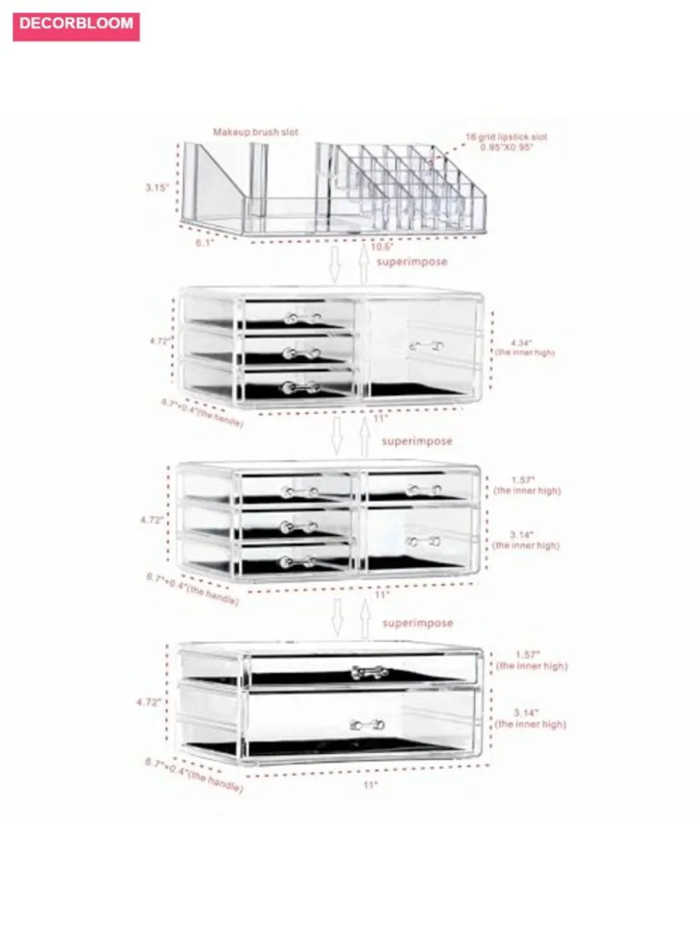 Clear Acrylic Makeup Storage Organizer with 10 Drawers Stackable Cosmetic